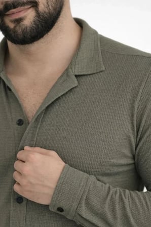 Erkek Waffle Kumaş Uzun Kollu Düğmeli Açık Yaka Regular Fit Gömlek