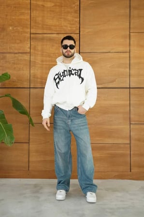 Erkek Kapüşonlu Sweatshirt Hoodie 3 İplik Şardonlu Pamuklu Kumaş, Önü Baskılı, Fermuarlı Rahat Kalıp, Kışlık Ve Sokak Stili Sweat  Beyaz