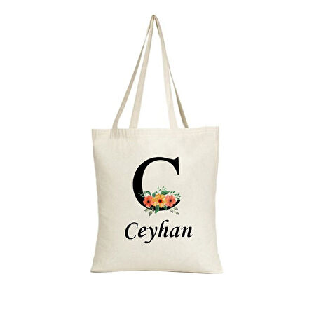 Kişiye Özel Çiçek Desenli Harf & İsim Bez Çanta – Doğal Kumaş Şık Hediye