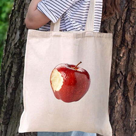 Isırılmış Elma Tasarımlı Bez Çanta – Modern Minimal Baskılı Omuz Çantası