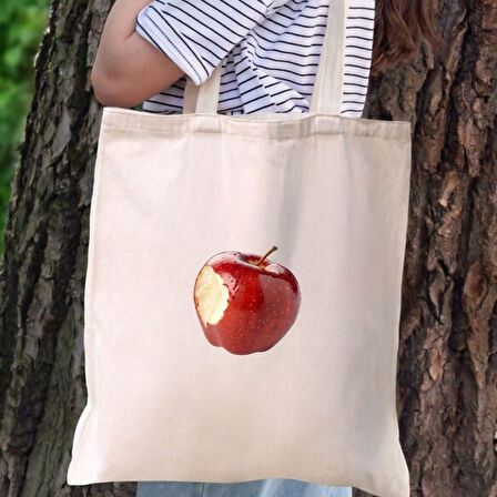 Isırılmış Elma Tasarımlı Bez Çanta – Modern Minimal Baskılı Omuz Çantası