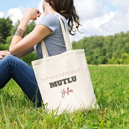 Mutlu Yıllar Tasarımlı Bez Çanta – Yeni Yıl Temalı Hediyelik Omuz Çantası