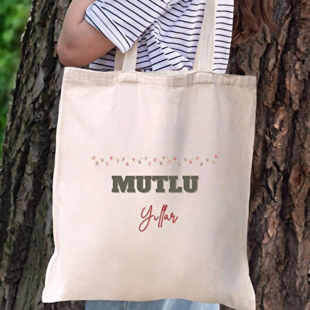 Mutlu Yıllar Tasarımlı Bez Çanta – Yeni Yıl Temalı Hediyelik Omuz Çantası