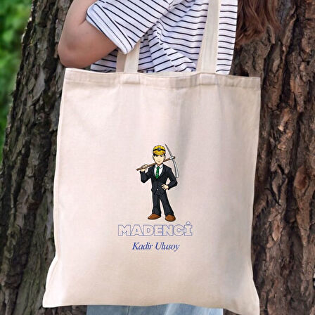 Kişiye Özel Madenci Tasarımlı Bez Çanta – İsim Yazılabilir Hediyelik Omuz Çantası