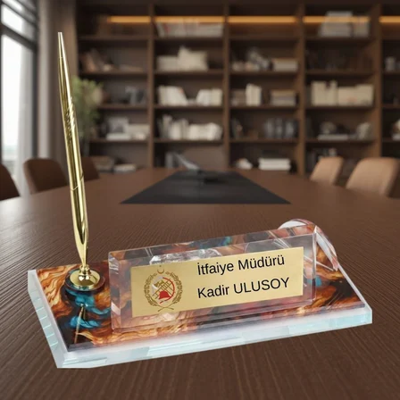 Kişiye Özel İtfaiye Logolu Kristal Masa İsimliği - Saatli Kalemli Lüks İtfaiyeci Hediyesi