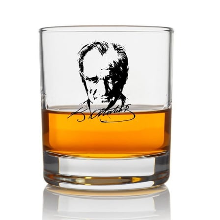 Atatürk İmzalı ve Portreli Viski Bardağı - Mustafa Kemal Atatürk Baskılı Cam Sunum Bardağı, Hediyelik Şık Likör ve Meşrubat Bardağı