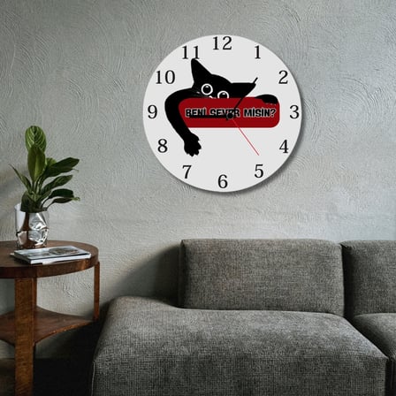 Beni Sever Misin? Tasarımlı Siyah Kedi Metal Duvar Saati - 29 cm Modern Mutfak ve Salon Saati