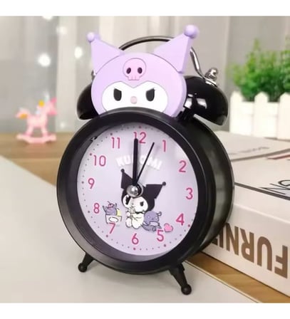 Kuromi Tasarımlı Metal Masa Saati - Işıklı Çift Zilli Nostaljik Alarm Saat Mor Siyah