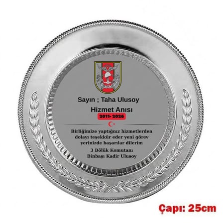 Kişiye Özel Baskılı Askeri Hizmet Anısı Plaketi - Şeffaf Ayaklı Gümüş Metal Tabak Ödülü