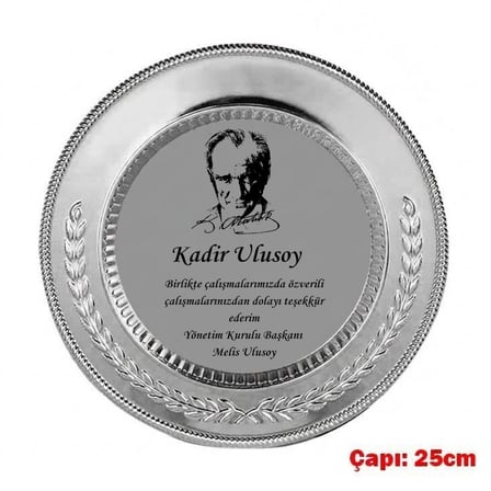 Atatürk Tasarımlı Ayaklı Gümüş Metal Tabak Plaket - Kişiye Özel Baskılı Teşekkür Ödülü