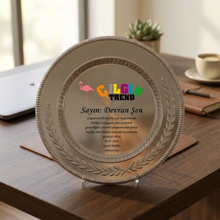 Firma Logolu Ayaklı Gümüş Metal Tabak Plaket - Şirket İçi Teşekkür ve Başarı Ödülü