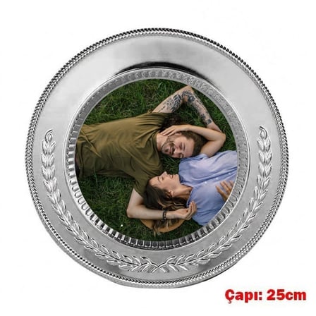 Kişiye Özel Fotoğraf Baskılı Gümüş Metal Tabak Plaket - Sevgiliye Şeffaf Ayaklı Yıl Dönümü Hediyesi