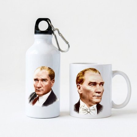 Atatürk Baskılı Hediyelik Set - Metal Matara ve Seramik Kupa Bardak