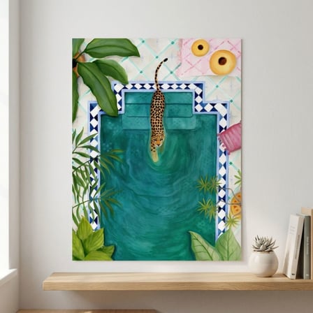 Boho Tarzı Leoparlı Havuz Baş Çerçevesiz Tablo - Lüks Görünümlü Salon ve Yatak Odası Duvar Posteri