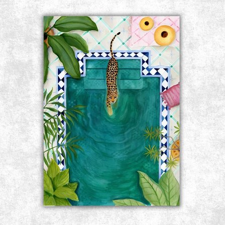 Boho Tarzı Leoparlı Havuz Baş Çerçevesiz Tablo - Lüks Görünümlü Salon ve Yatak Odası Duvar Posteri