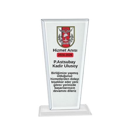 Askeri Hizmet Anısı Kristal Cam Plaket - Kişiye Özel Tayin ve Emeklilik Ödülü