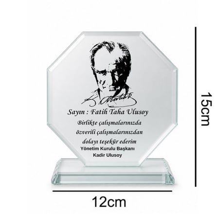 Kişiye Özel Atatürk Tasarımlı Sekizgen Cam Plaket - Kurumsal Teşekkür ve Başarı Ödülü