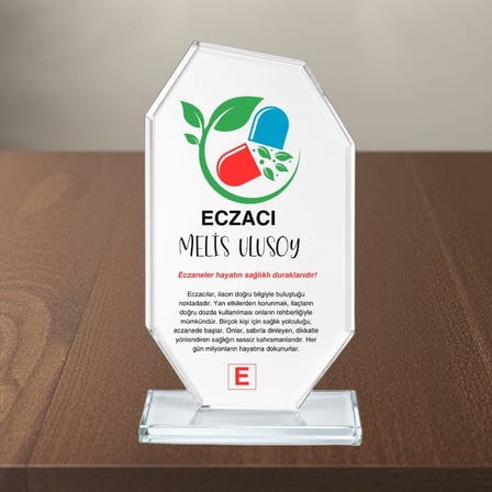 Kişiye Özel Eczacı Kristal Cam Plaket - Eczane Açılış ve Eczacılık Fakültesi Mezuniyet Hediyesi