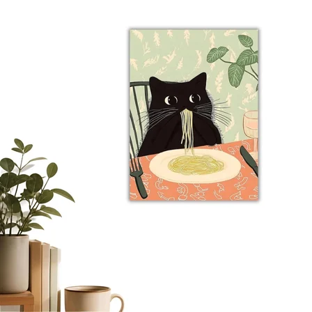 Makarna Yiyen Siyah Kedi İllüstrasyon Poster - Komik Mutfak Duvar Dekoru