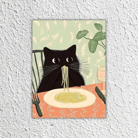 Makarna Yiyen Siyah Kedi İllüstrasyon Poster - Komik Mutfak Duvar Dekoru