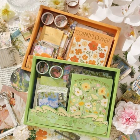 Vintage Çiçek Desenli A6 Günlük Ve Ajanda Hediye Seti - Estetik Scrapbooking Ve Günlük Süsleme Kit Kutusu 116 Parça YEŞİL