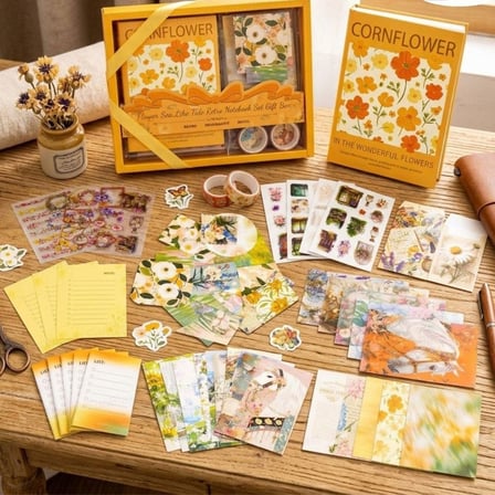 Vintage Çiçek Desenli A6 Günlük Ve Ajanda Hediye Seti - Estetik Scrapbooking Ve Günlük Süsleme Kit Kutusu 116 Parça TURUNCU
