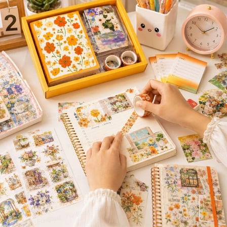 Vintage Çiçek Desenli A6 Günlük Ve Ajanda Hediye Seti - Estetik Scrapbooking Ve Günlük Süsleme Kit Kutusu 116 Parça TURUNCU