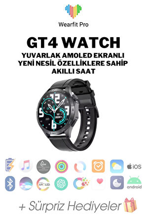 Wearfitpro GT4 Watch Yuvarlak Amoled Ekran Yeni Nesil Akıllı Saat Siyah
