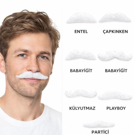 ’lı Yapışkanlı Beyaz Parti Bıyık Seti – Farklı Modeller ()