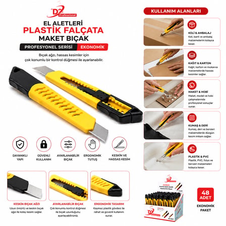 48 ADET EKO PLASTİK FALÇATA MAKET BIÇAK SARI (5580)