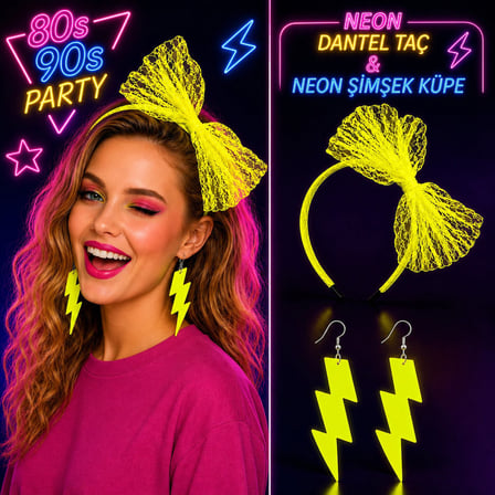 Neon Sarı Dantel Taç ve Şimşek Küpe 80&amp;apos;ler 90&amp;apos;lar Parti Seti (5580)