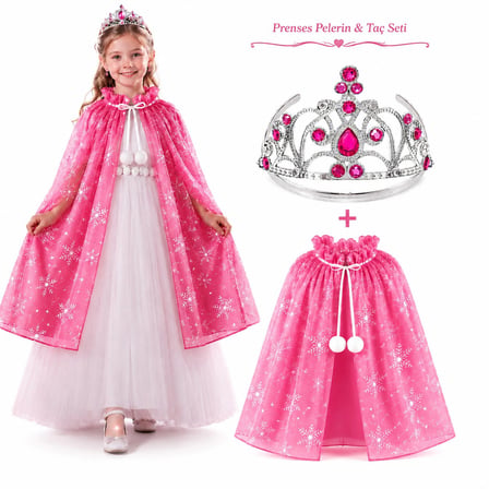 Masal Prensesi Pembe Pelerin ve Taç Seti (85 cm) (5580)