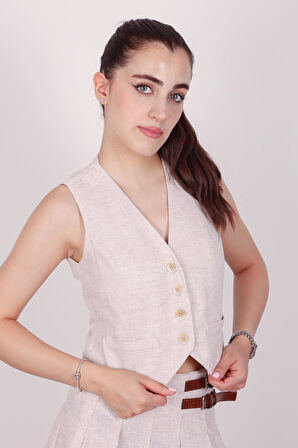 Kadın Taş Düğmeli Keten Yelek