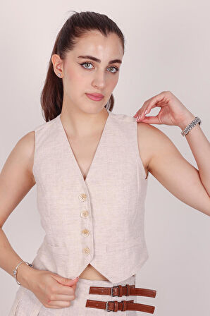 Kadın Taş Düğmeli Keten Yelek