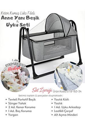 45x85 Tenteli Keten Beşik ve Uyku Seti - Gri Anne Yanı Sallanır Portatif Bebek Beşiği