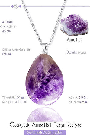 Sertifikalı AAA+ Damla Model Gerçek Ametist Taşı Kolye (Gümüş Aparatlı)