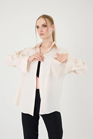 Tek Cepli Oversize Keten Gömlek- Taş