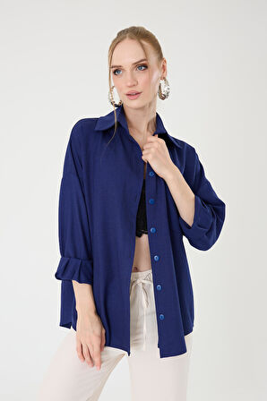 Tek Cepli Oversize Keten Gömlek- Lacivert