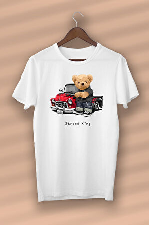 Teddy Bear Street King Baskılı Organik Pamuk Siyah Unisex - Kadın - Erkek - T-shirt