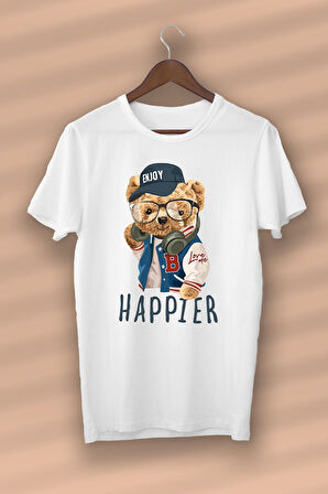 Teddy Bear Happier Baskılı Organik Pamuk Beyaz Unisex - Kadın - Erkek- T-shirt Nux Boutique