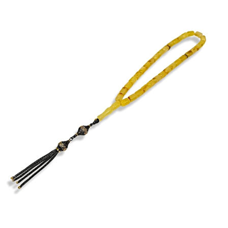 Dört Püsküllü Fıçı Kesim Kehribar Gümüş Tespih