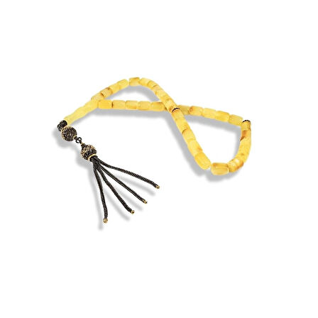 Dört Püsküllü Fıçı Kesim Kehribar Gümüş Tespih