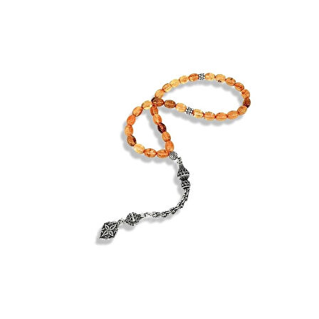 Selçuklu Motifli Renk Geçişli Kehribar Gümüş Tespih