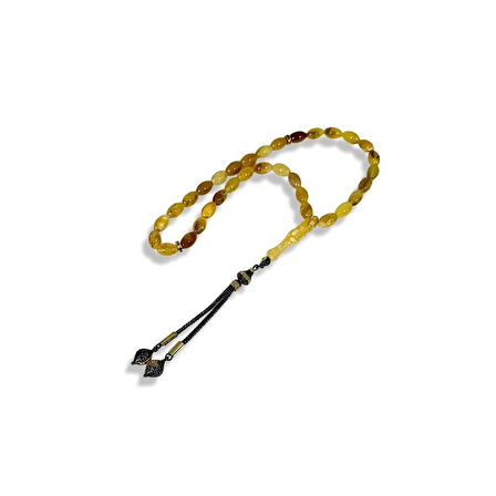 Alacalı Kehribar ve Lale Motifli Gümüş Tespih