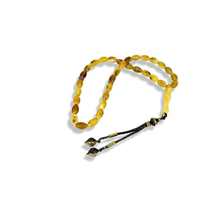 Alacalı Kehribar ve Lale Motifli Gümüş Tespih