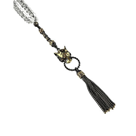 Panter Figürlü Kristal Kuvars Taşlı Gümüş Tespih