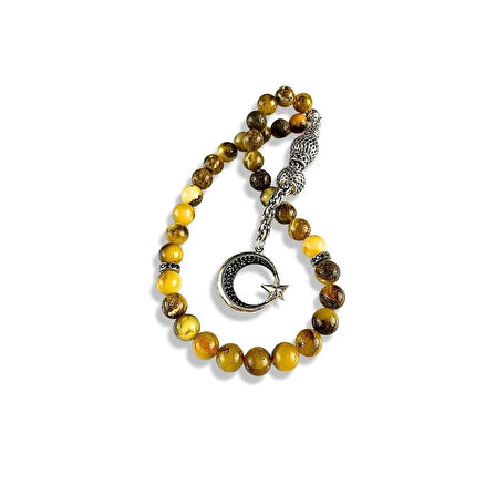 Fosilli Kehribar Taşlı Gümüş Tespih