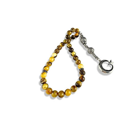 Fosilli Kehribar Taşlı Gümüş Tespih