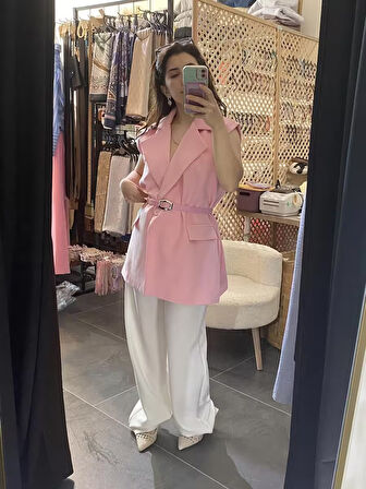 GTS PEMBE OVERSİZE KEMERLİ YELEK
