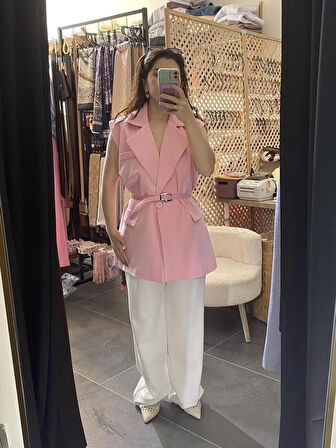 GTS PEMBE OVERSİZE KEMERLİ YELEK
